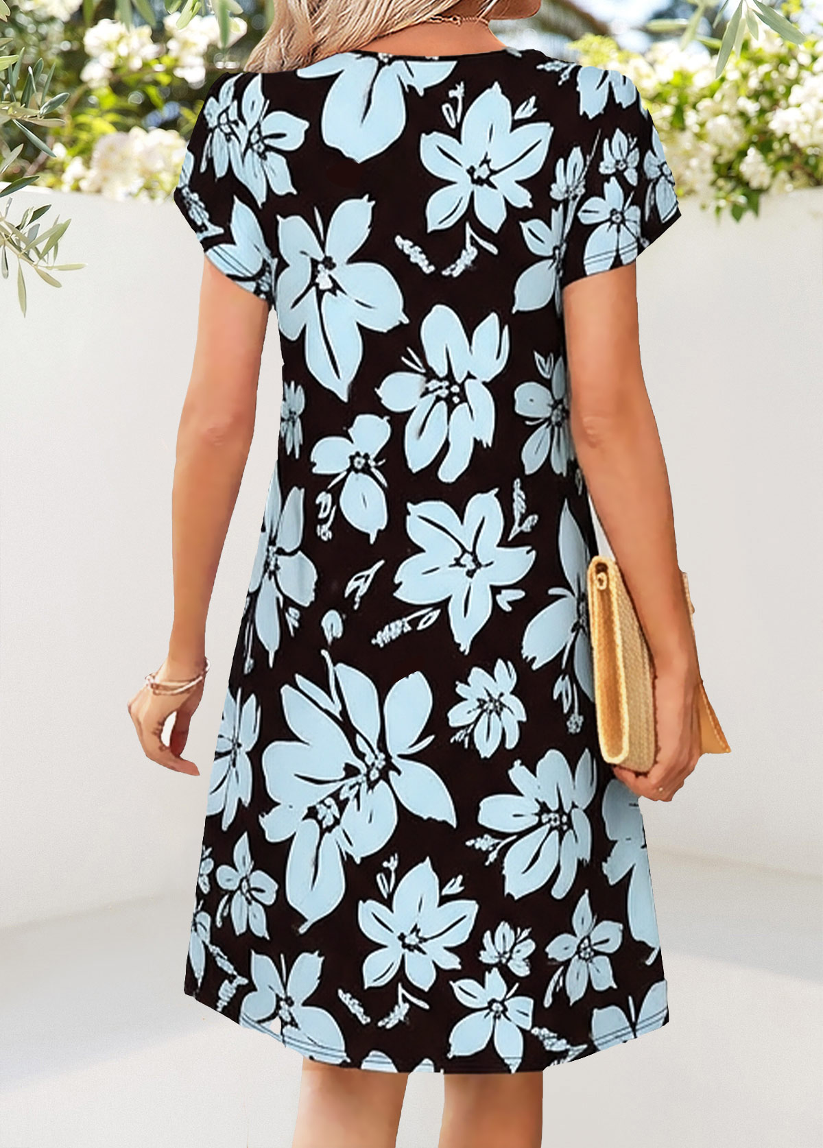 Dusty Blue Floral Print Short Tuck Stitch Dress | picture 