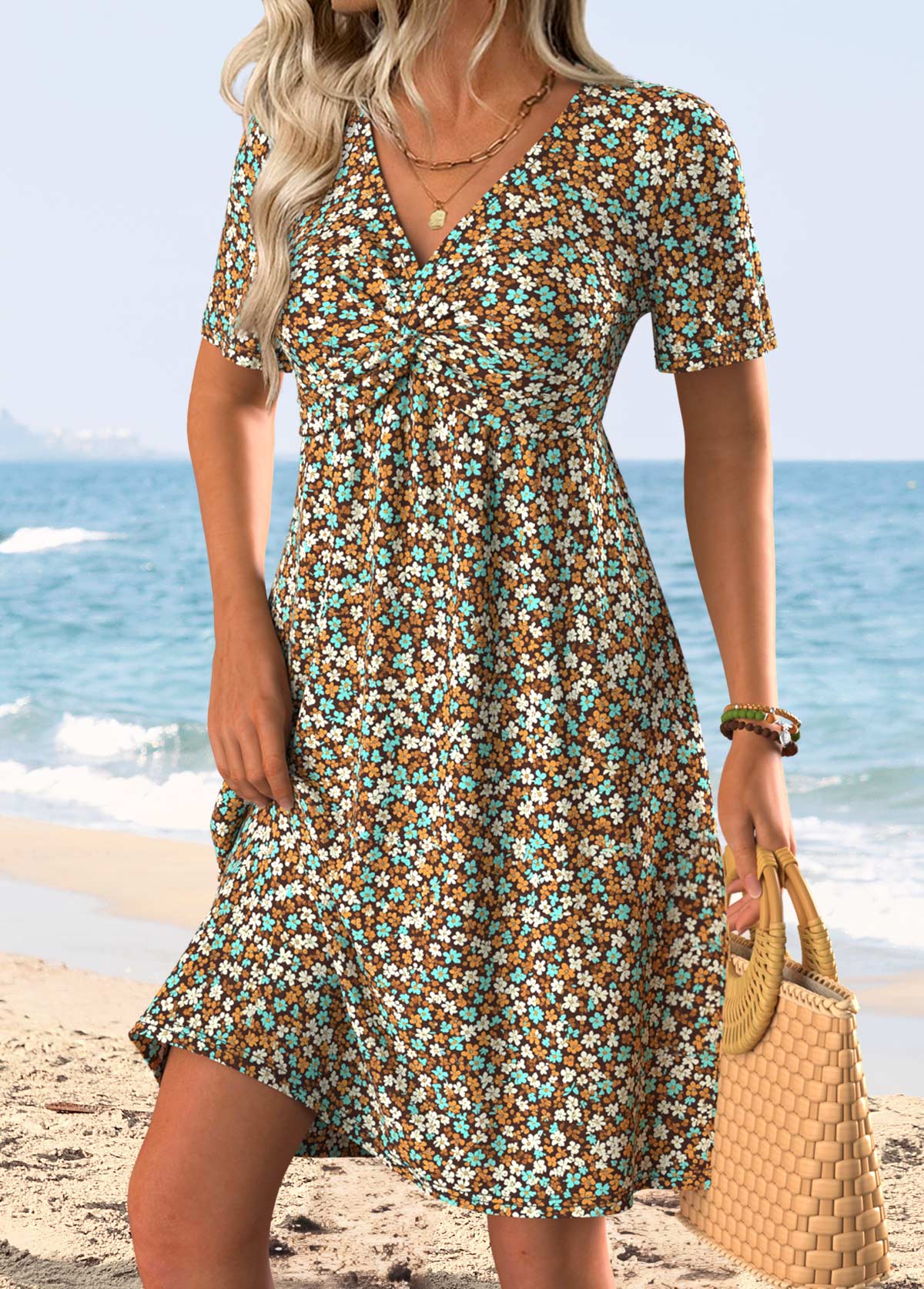 Dark Coffee Ditsy Floral Print Short Tummy Coverage Dress | picture 