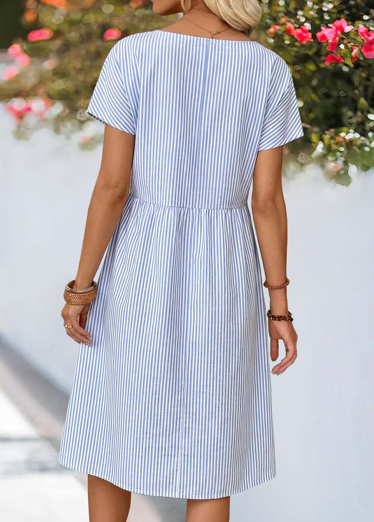 Dusty Blue Striped Shirred Short Sleeve Round Neck Dress | picture 