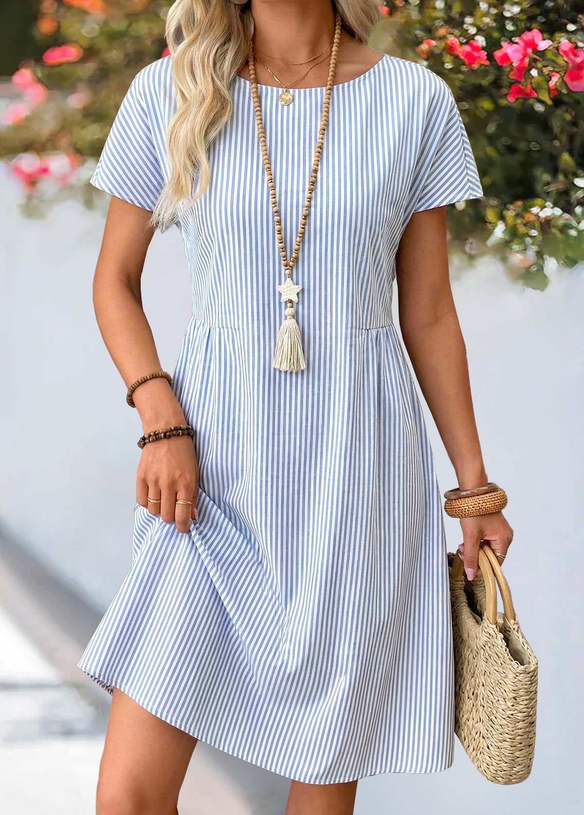 Dusty Blue Striped Shirred Short Sleeve Round Neck Dress | picture 