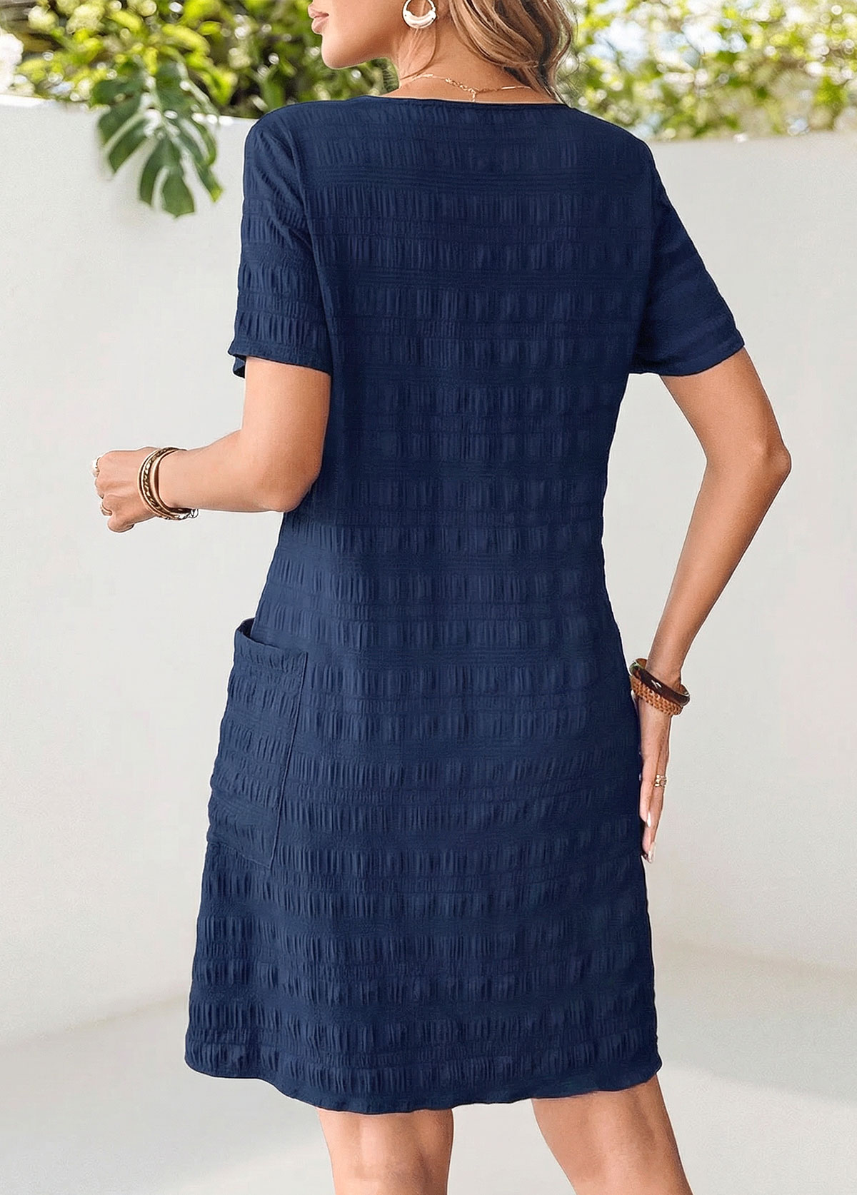 Navy Patch Pocket Short Sleeve Round Neck Dress | picture 