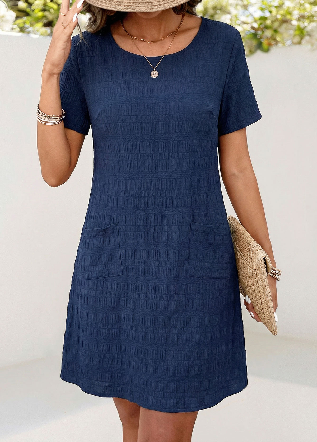 Navy Patch Pocket Short Sleeve Round Neck Dress | picture 