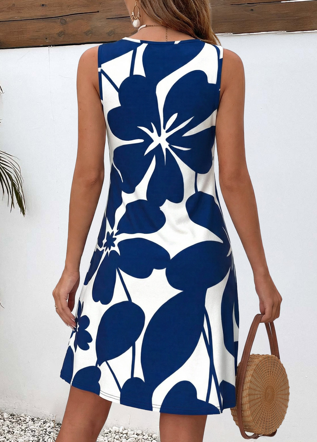 Navy Floral Print Short Tummy Coverage Sleeveless Dress | picture 