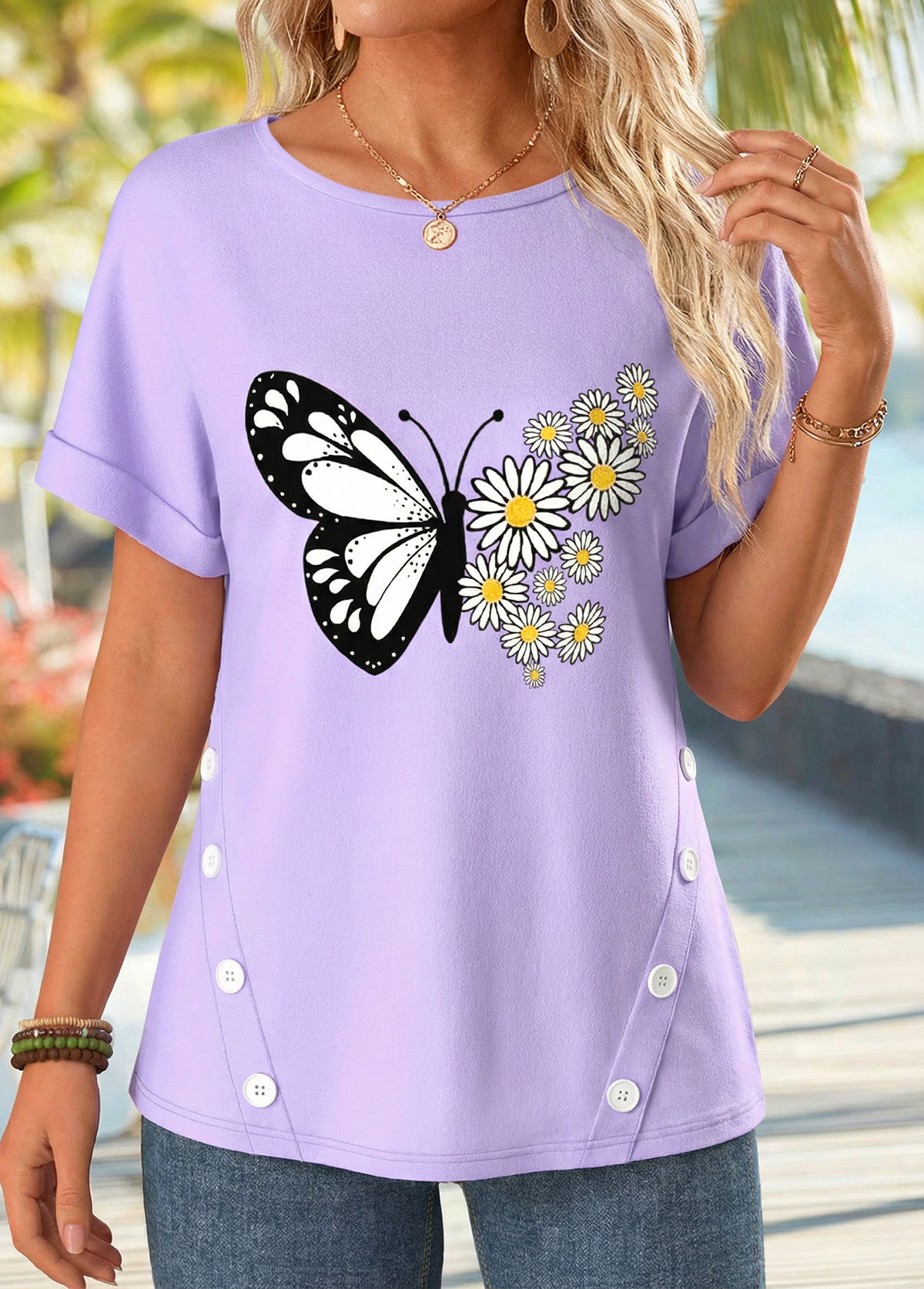 Light Purple Floral Print Patchwork Short Sleeve T Shirt | picture 