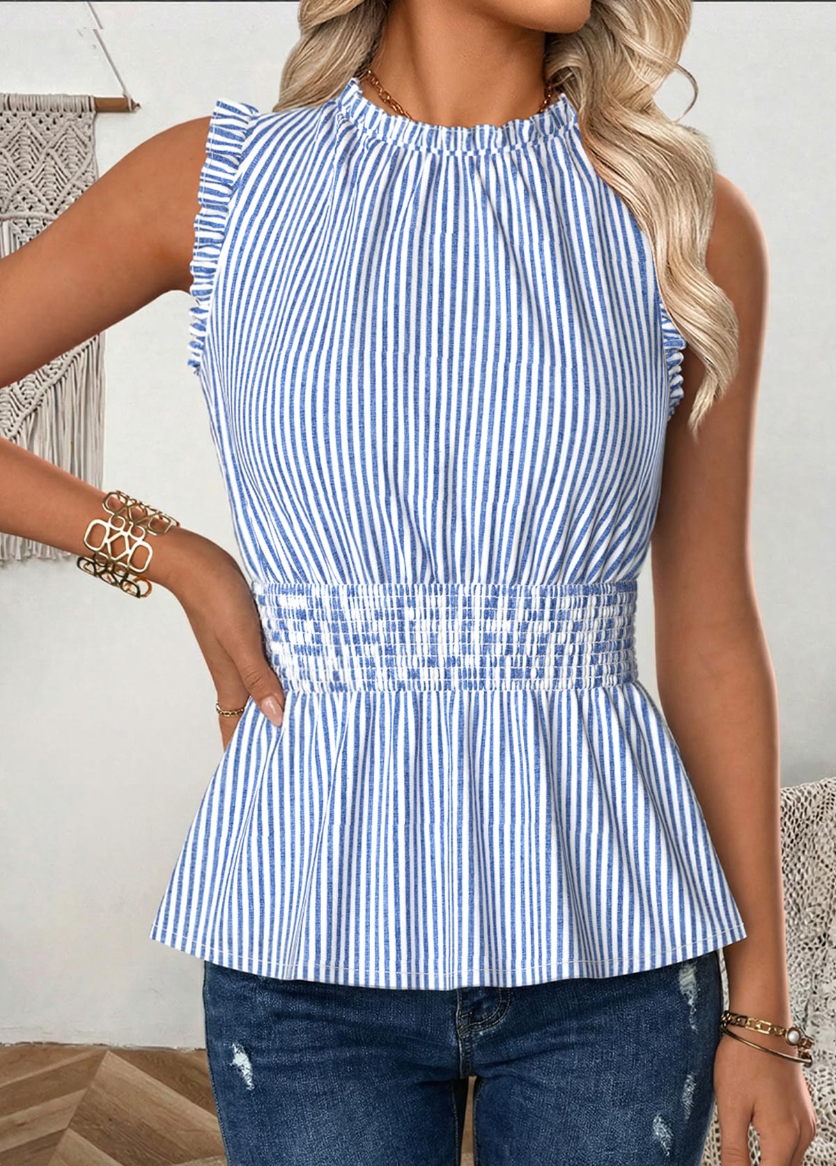 Blue Striped Frill Sleeveless Round Neck Tank Top | picture 