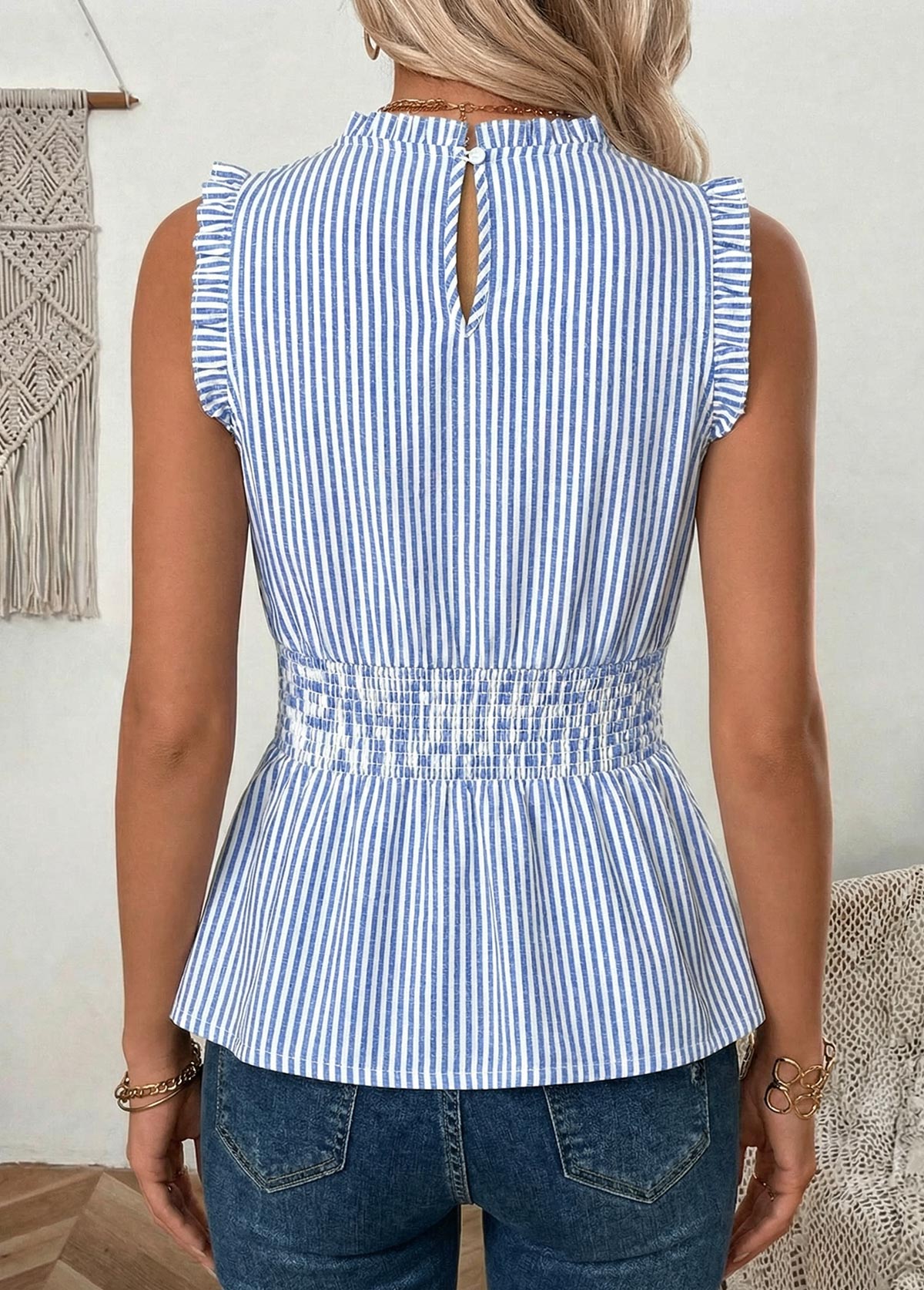 Blue Striped Frill Sleeveless Round Neck Tank Top | picture 