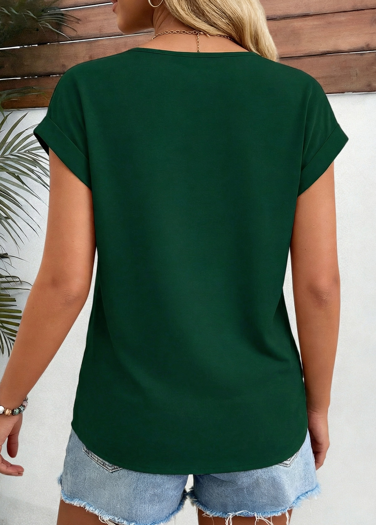 Green Patchwork Short Sleeve Round Neck T Shirt | picture 