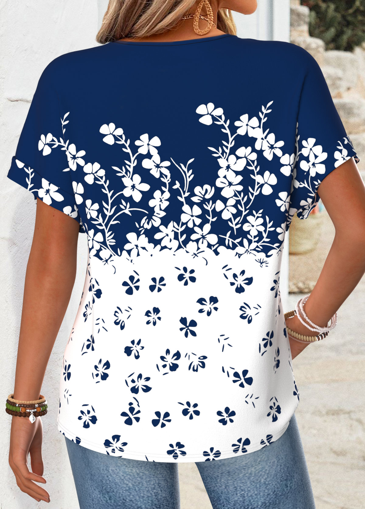 Navy Floral Print Split Short Sleeve T Shirt | picture 