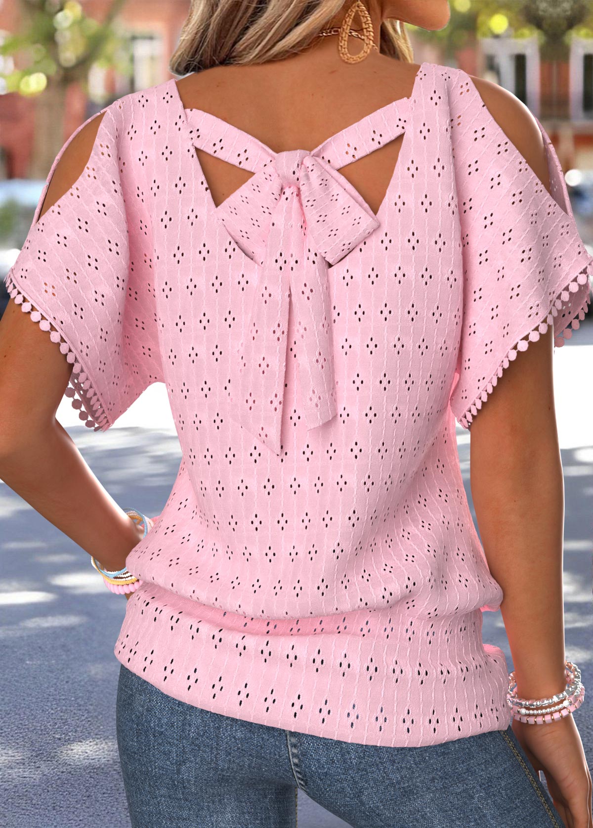 Pink Bowknot Short Sleeve V Neck T Shirt | picture 