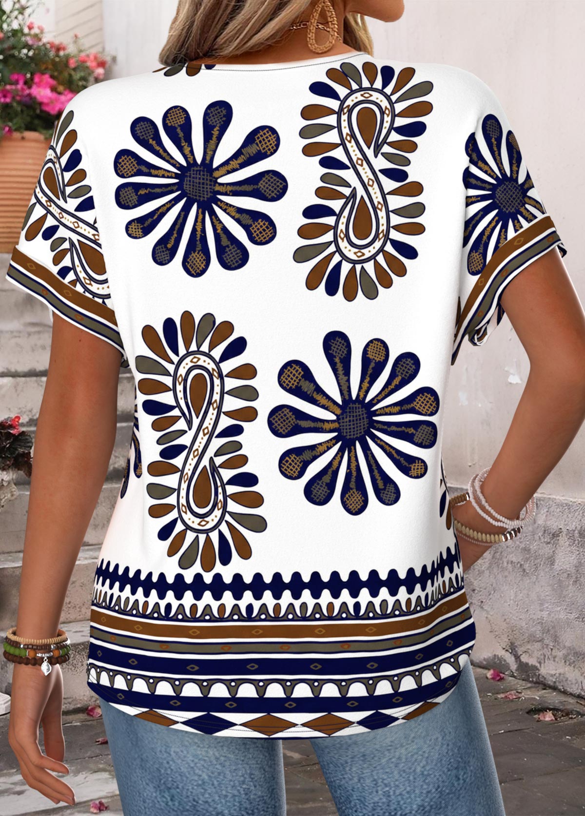 Multi Color Tribal Print Split Short Sleeve T Shirt | picture 