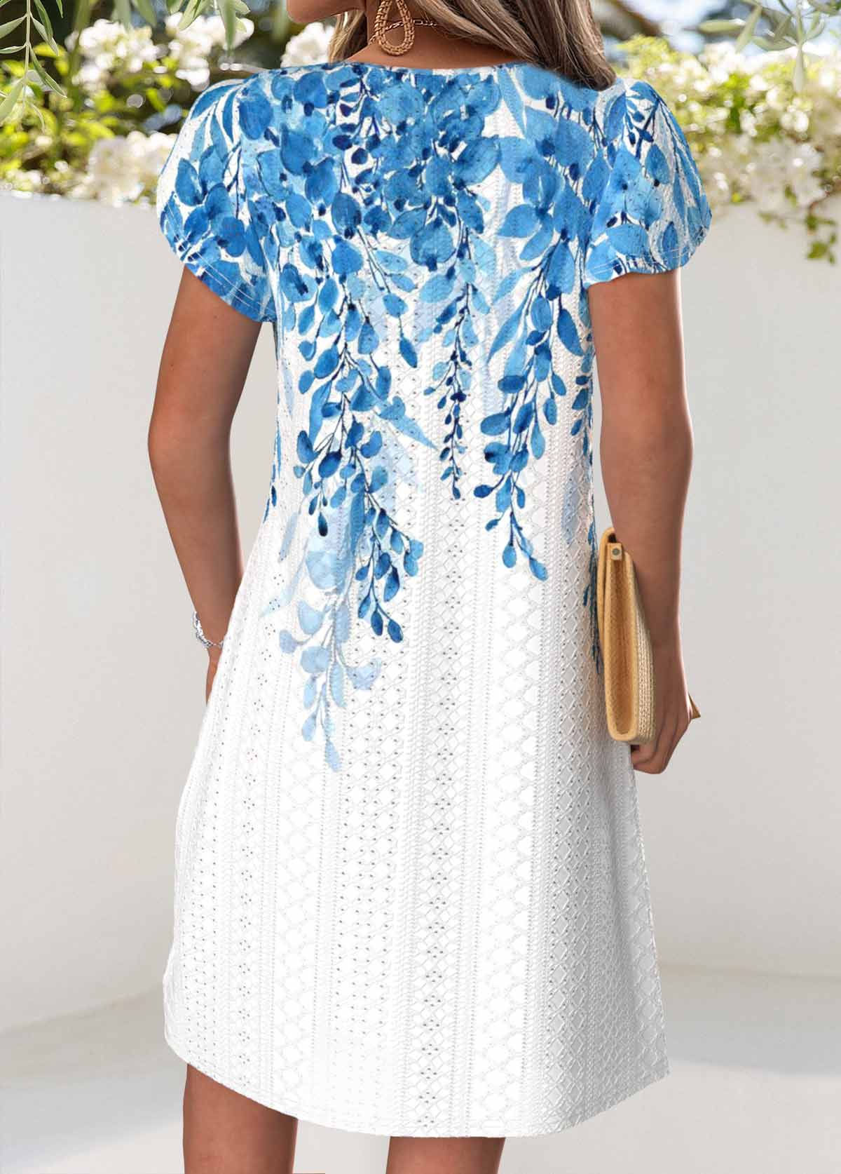 Blue Leaf Print Short Tuck Stitch Split Neck Dress | picture 