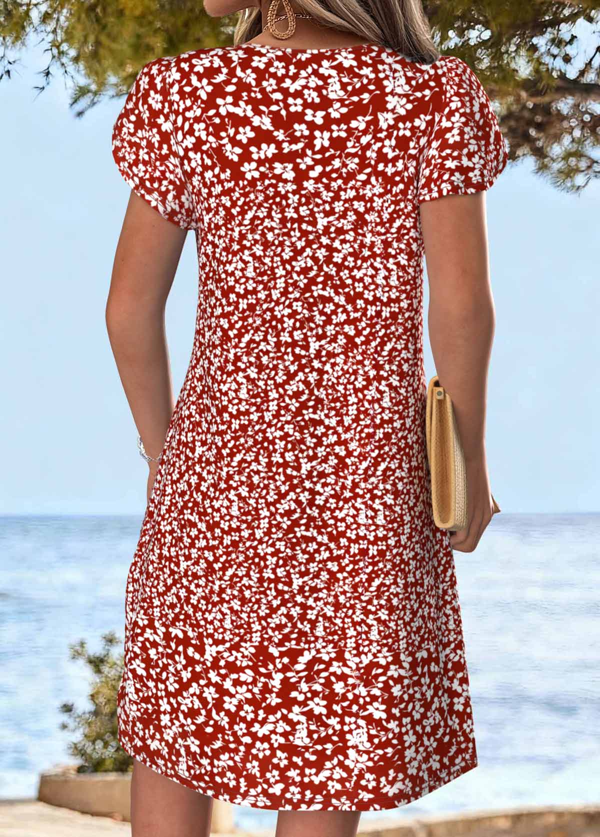 Red Ditsy Floral Print Short Tuck Stitch Dress | picture 