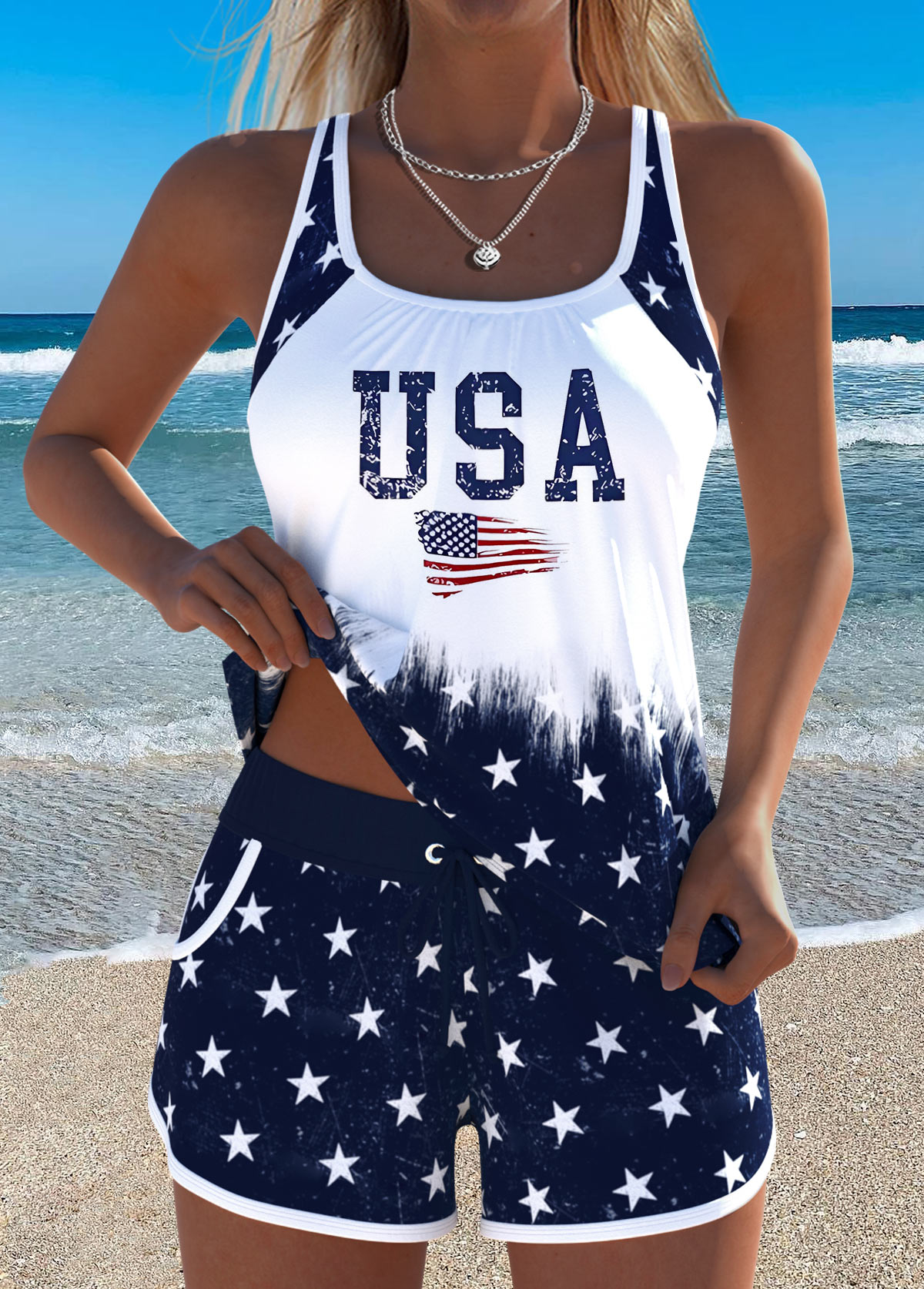 American Flag Navy Mid Waisted Tankini Set | picture 