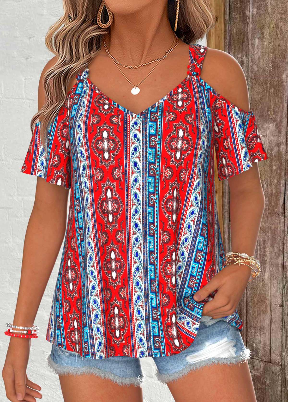 Multi Color Tribal Print Twist Short Sleeve T Shirt | picture 