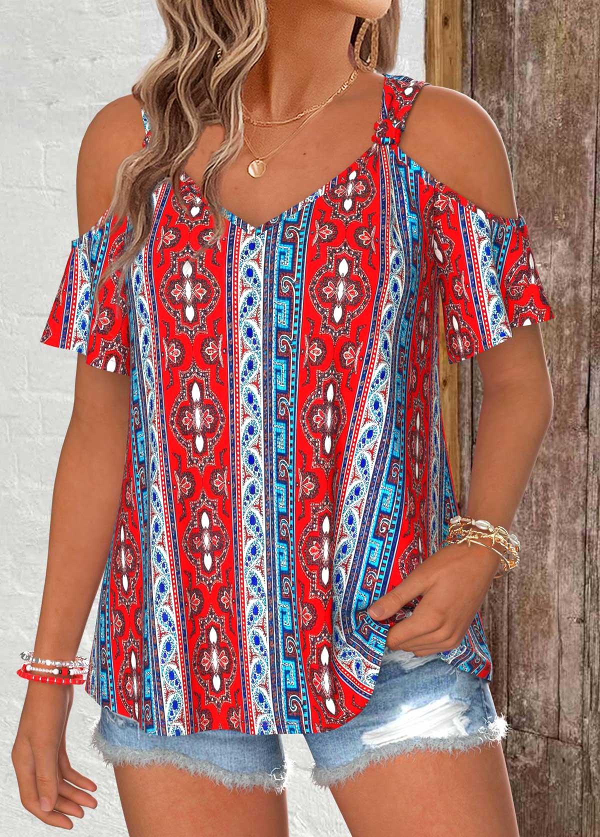 Multi Color Tribal Print Twist Short Sleeve T Shirt | picture 