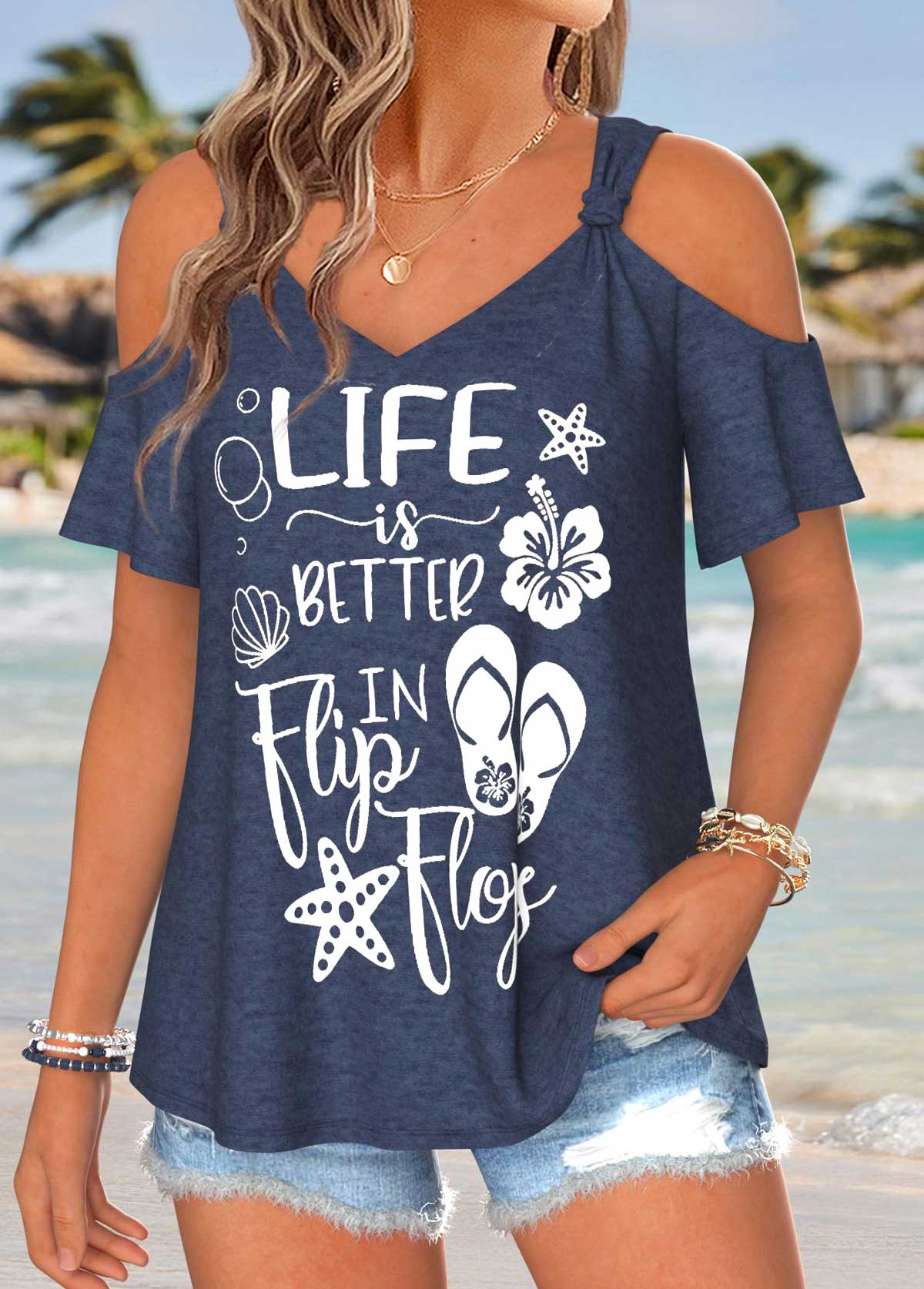 Navy Letter Print Twist Short Sleeve T Shirt | picture 