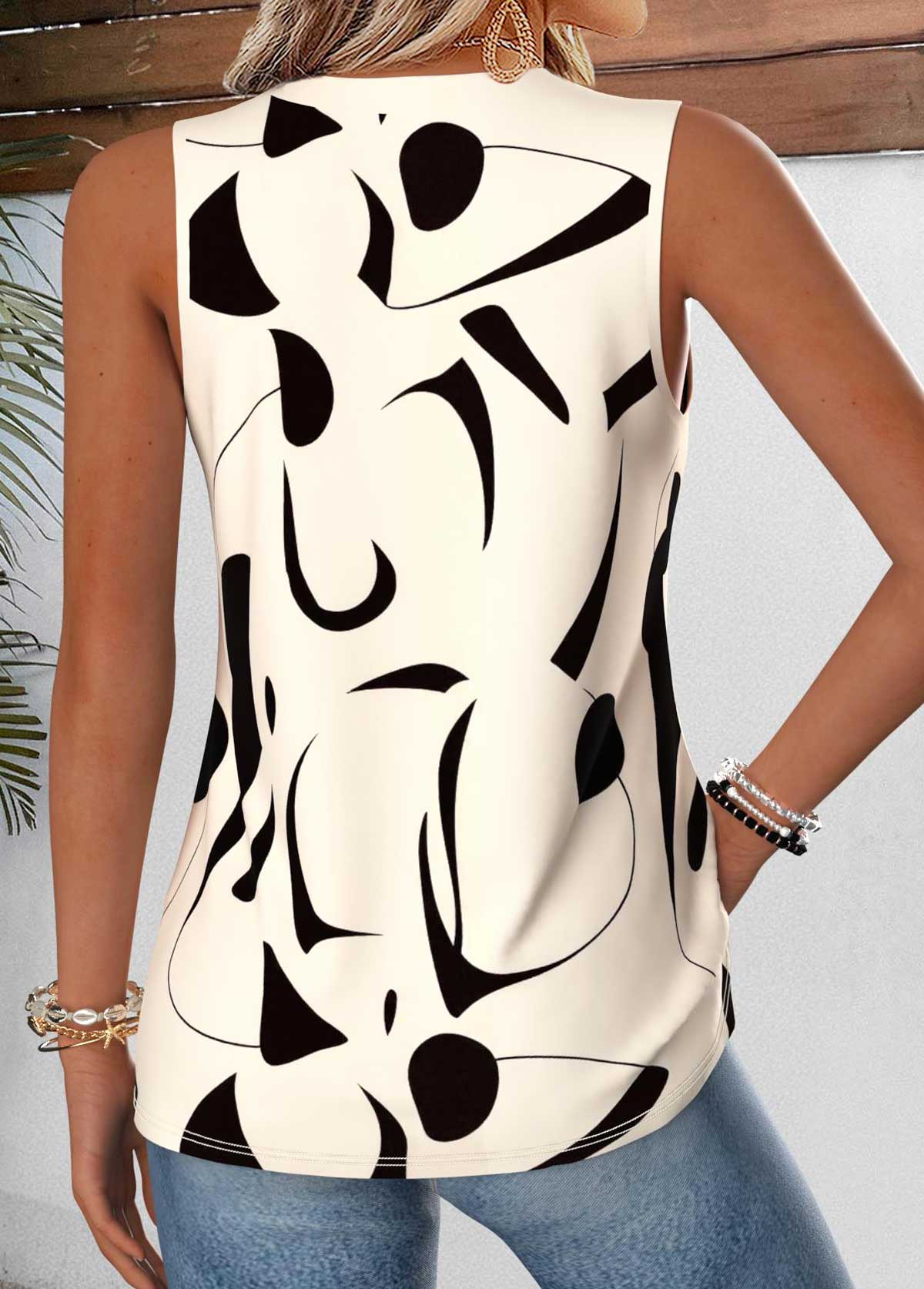 Beige Geometric Print Curved Hem Sleeveless Tank Top | picture 