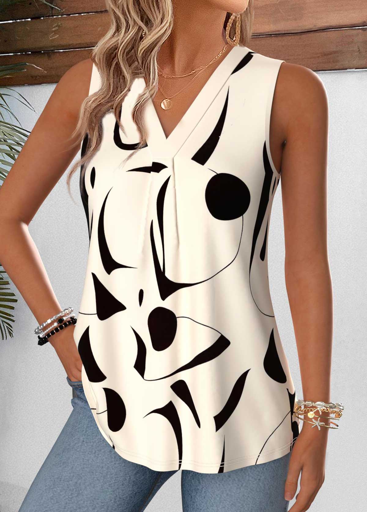 Beige Geometric Print Curved Hem Sleeveless Tank Top | picture 