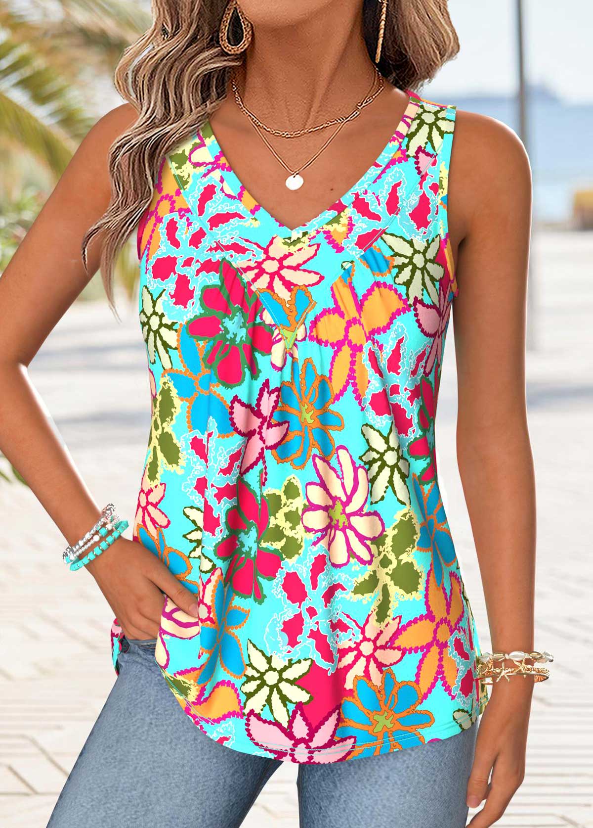 Multi Color Floral Print Patchwork Sleeveless Tank Top | picture 