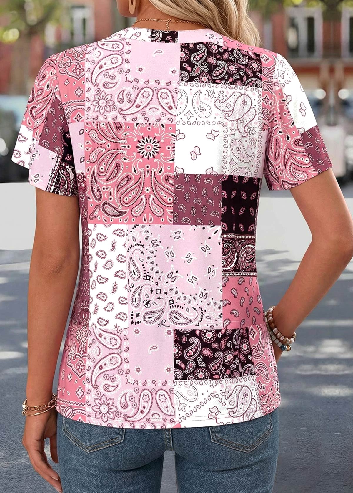Pink Tribal Print Curved Hem Short Sleeve T Shirt | picture 