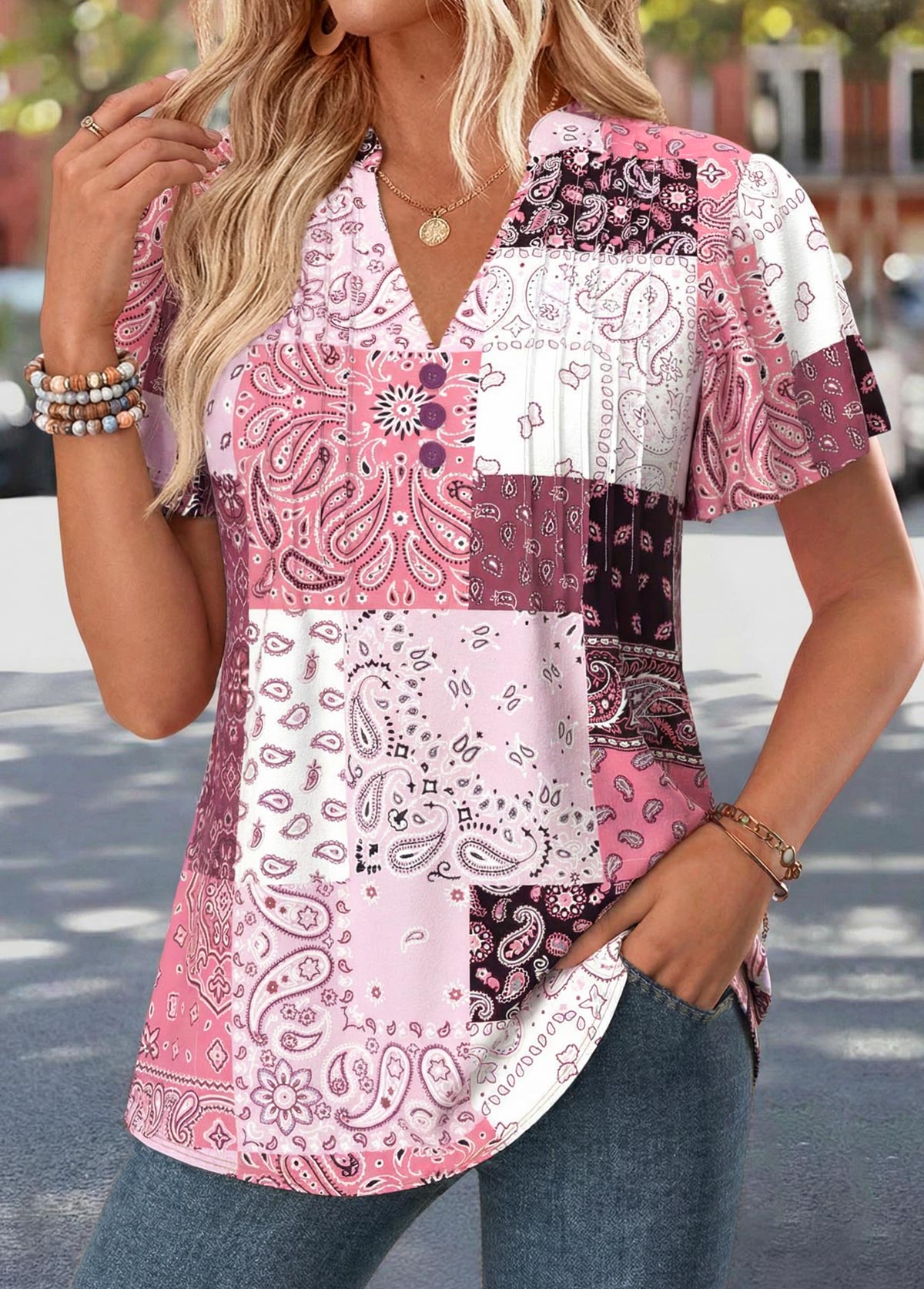 Pink Tribal Print Curved Hem Short Sleeve T Shirt | picture 