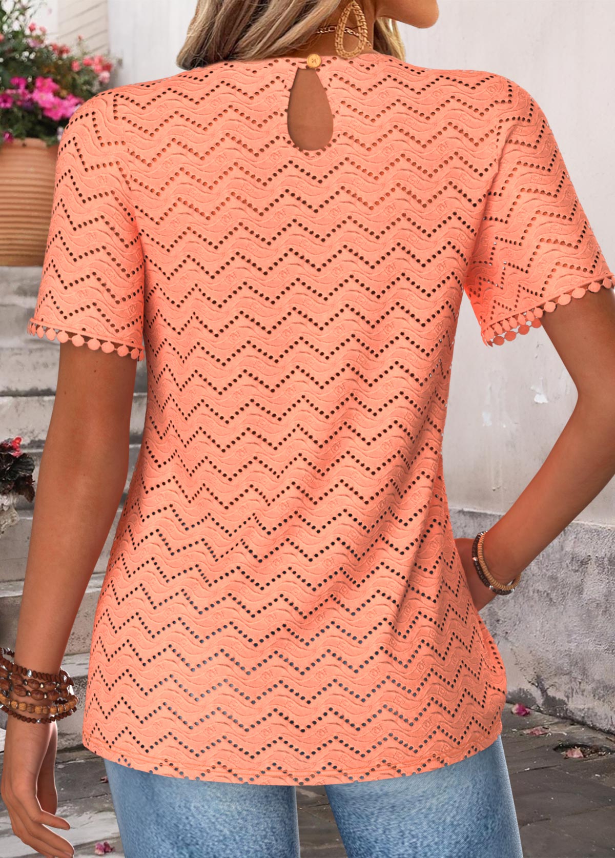 Orange Tuck Stitch Short Sleeve Round Neck T Shirt | picture 