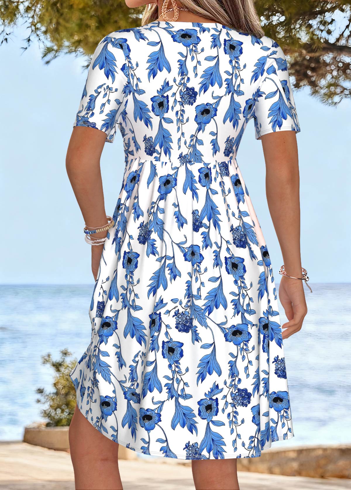 White Floral Print Short Twist V Neck Dress | picture 