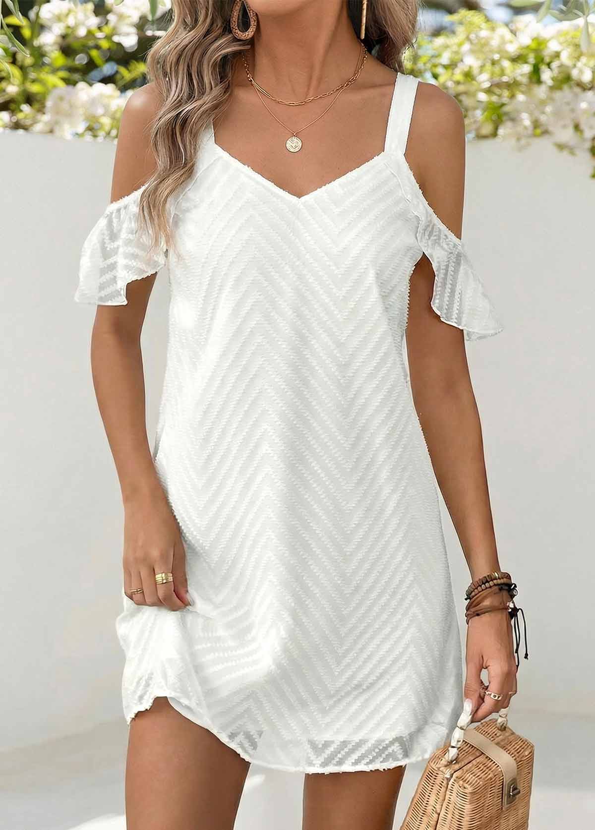 White Short Layered V Neck Cold Shoulder Dress | picture 