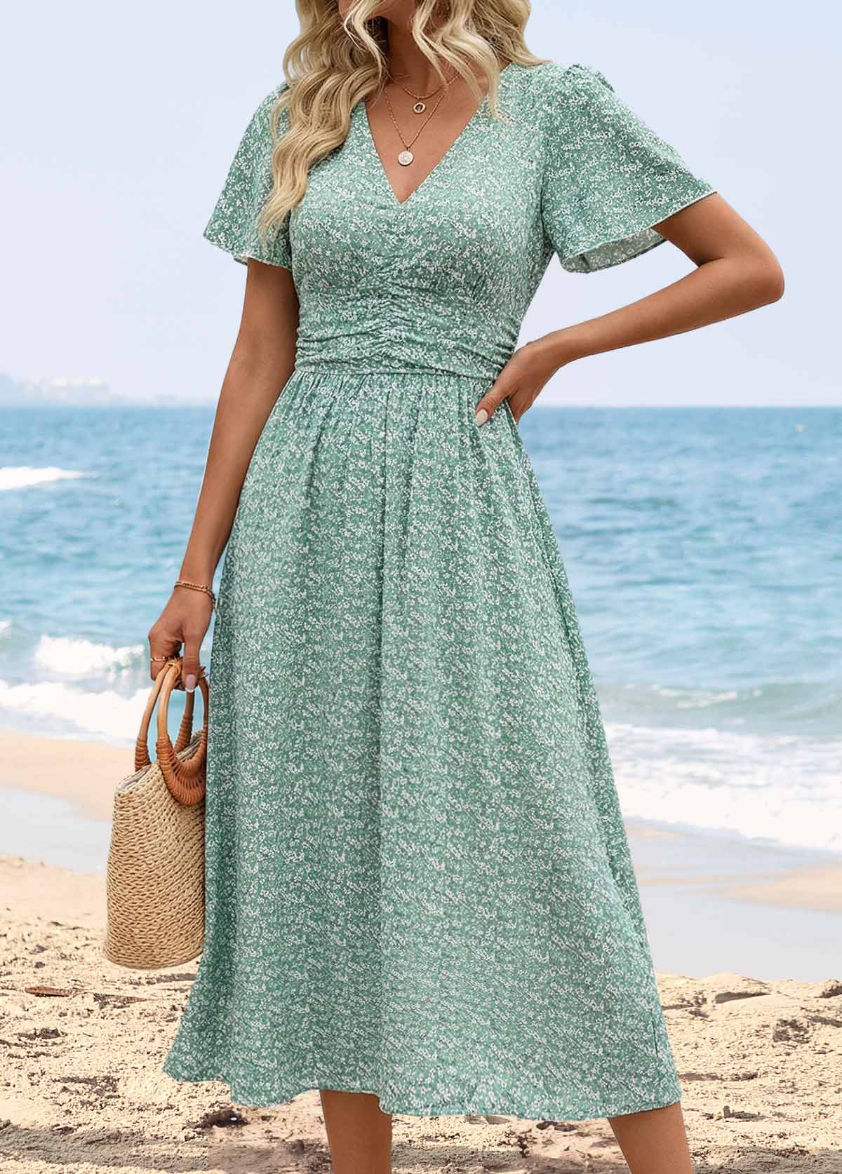 Light Green Ditsy Floral Print Shirred Short Sleeve Dress | picture 