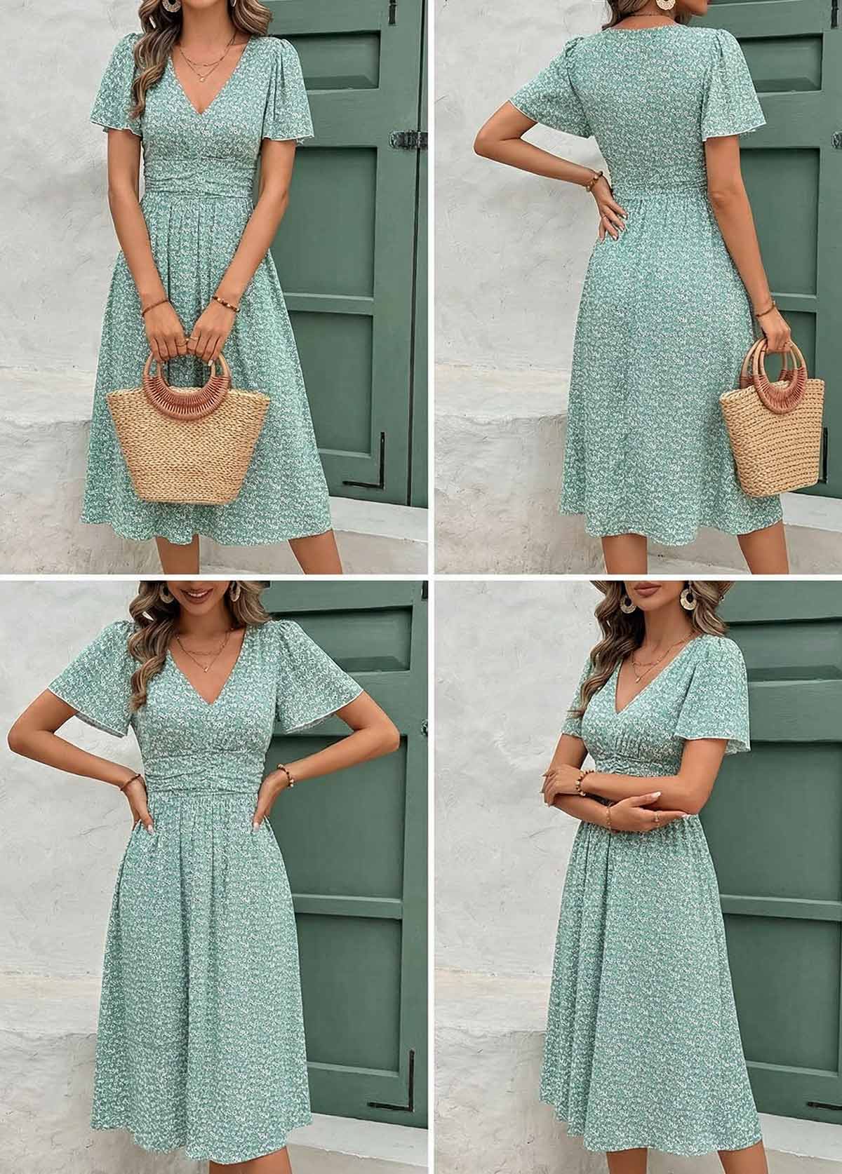 Light Green Ditsy Floral Print Shirred Short Sleeve Dress | picture 