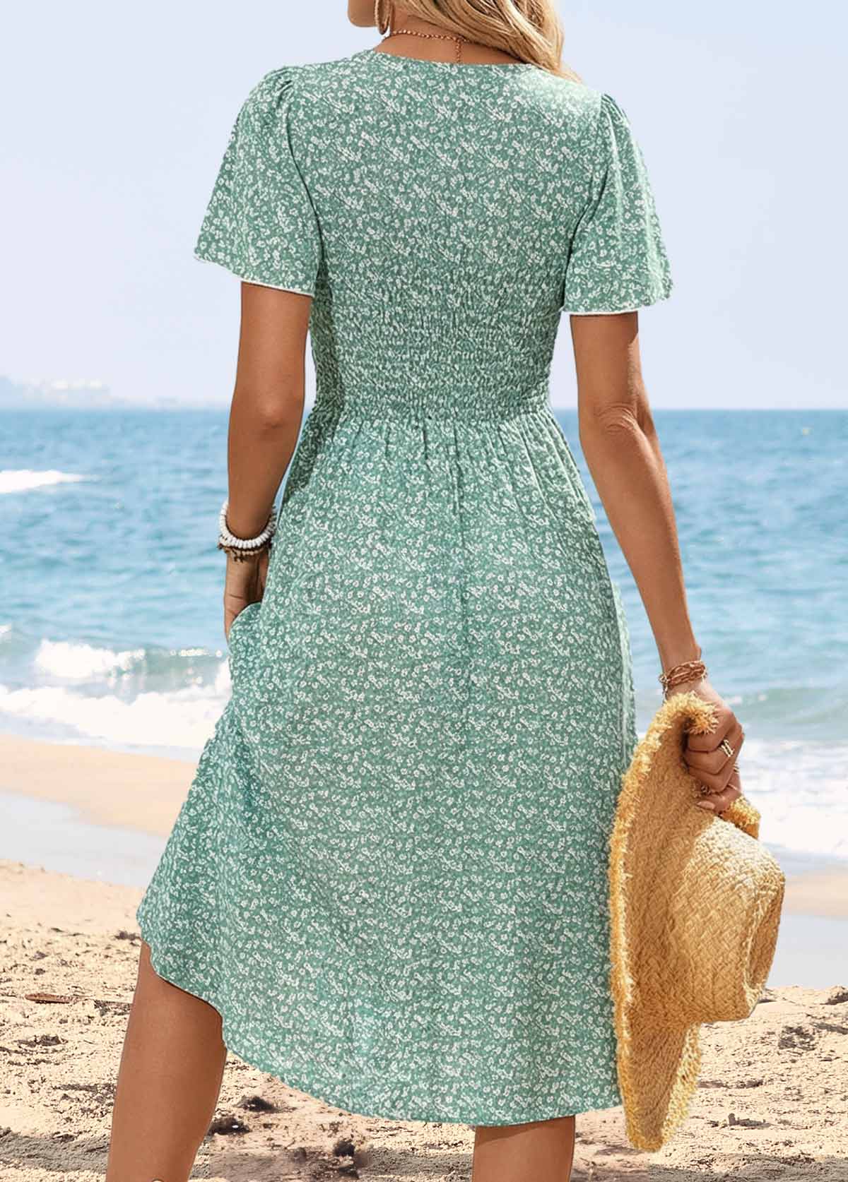 Light Green Ditsy Floral Print Shirred Short Sleeve Dress | picture 