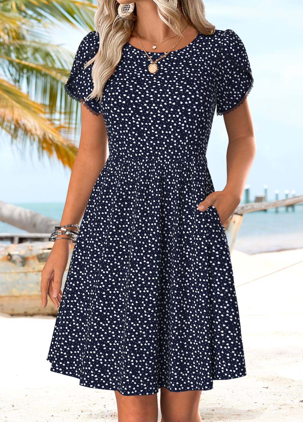 Navy Geometric Print Double Side Pockets Short Sleeve Dress | picture 