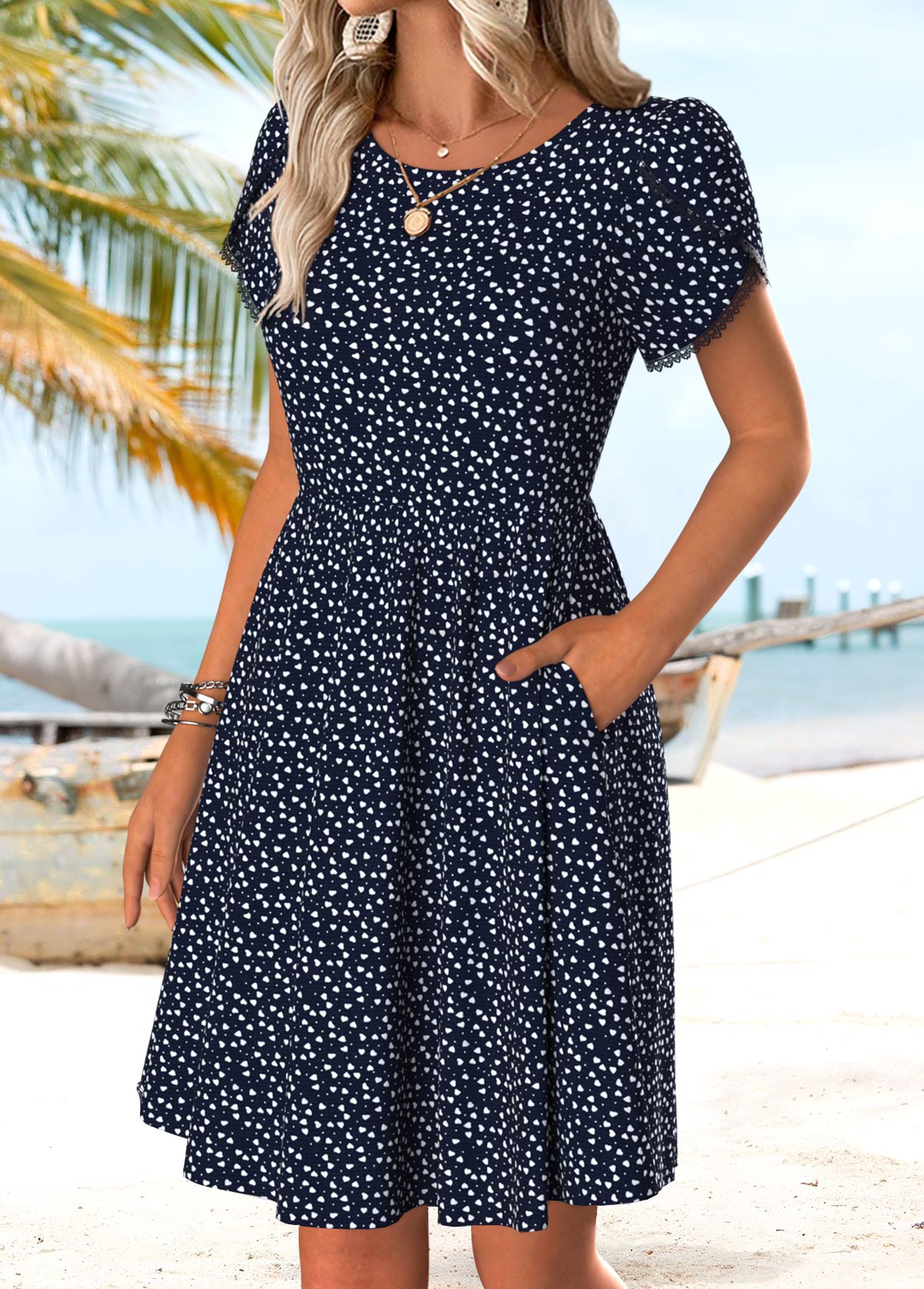 Navy Geometric Print Double Side Pockets Short Sleeve Dress | picture 