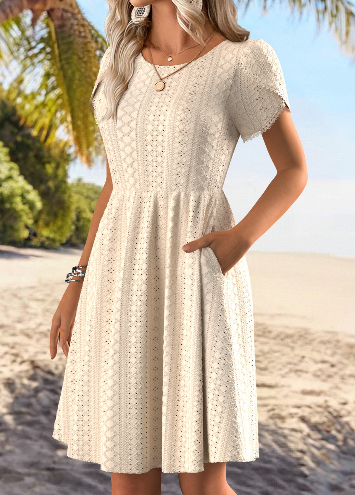 Beige Double Side Pockets Short Sleeve Round Neck Dress | picture 