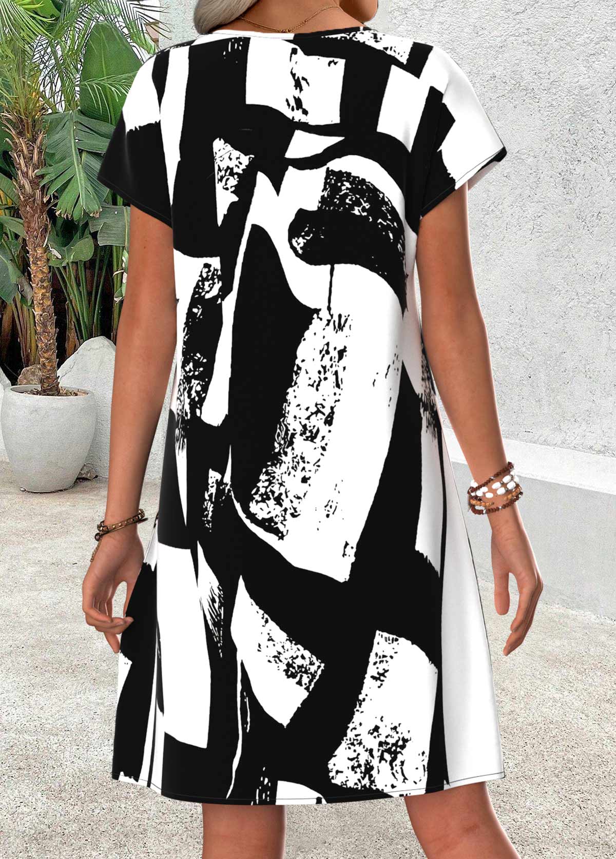 Black Geometric Print Short Tummy Coverage A Line Dress | picture 
