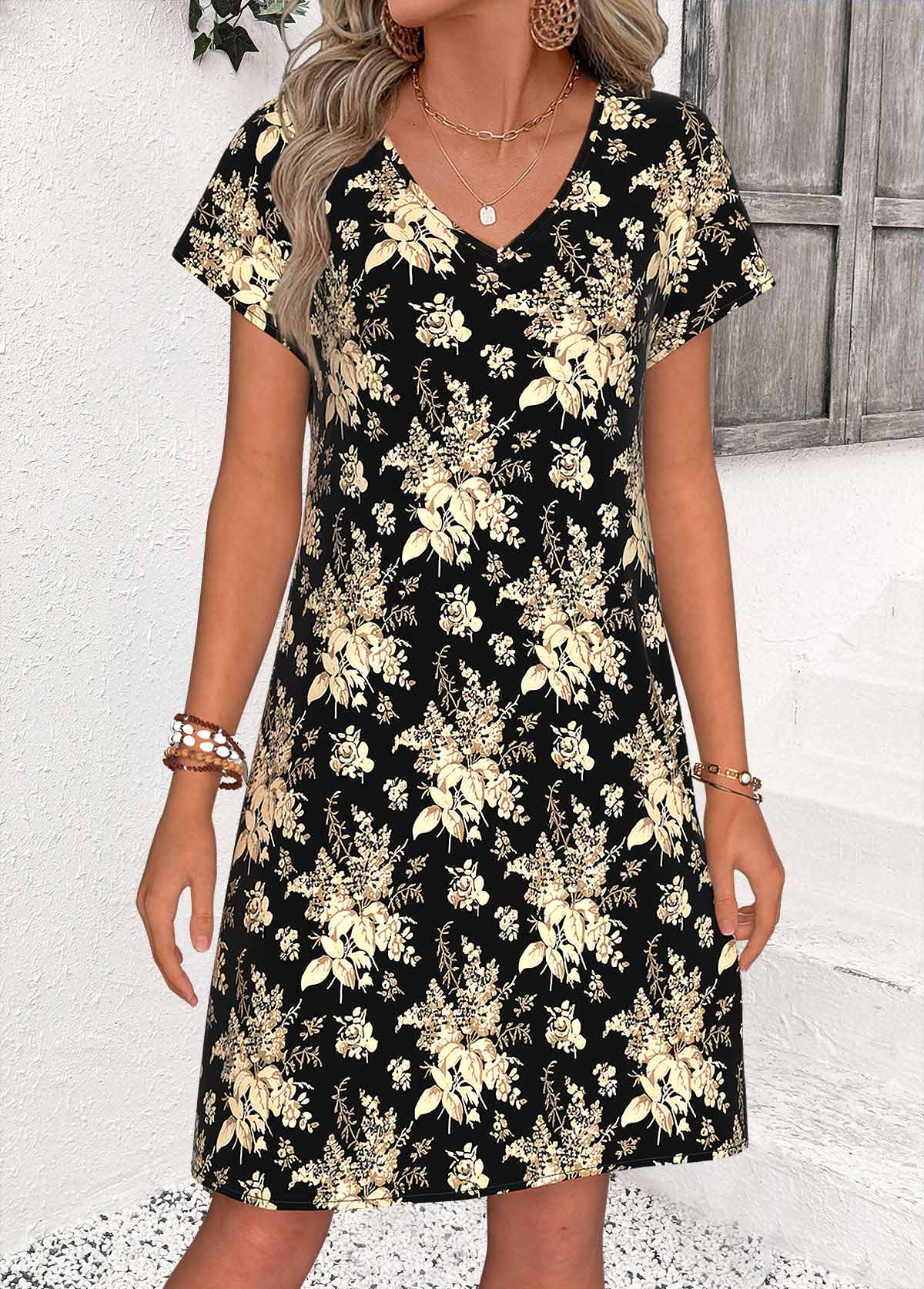 Black Floral Print Short Tummy Coverage A Line Dress | picture 