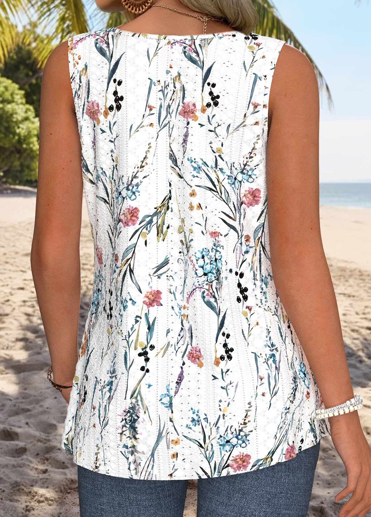 White Floral Print Curved Hem Sleeveless Tank Top | picture 