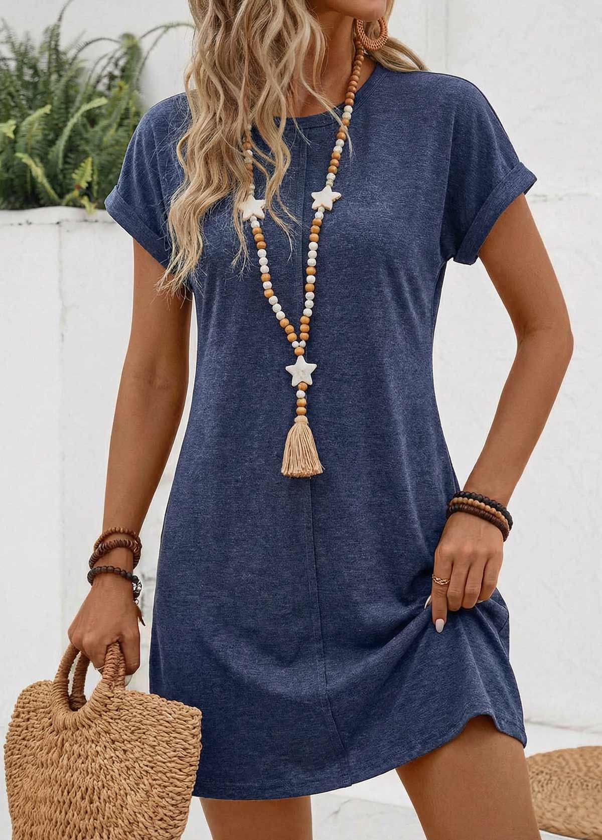 Navy Short Tuck Stitch Round Neck Dress | picture 