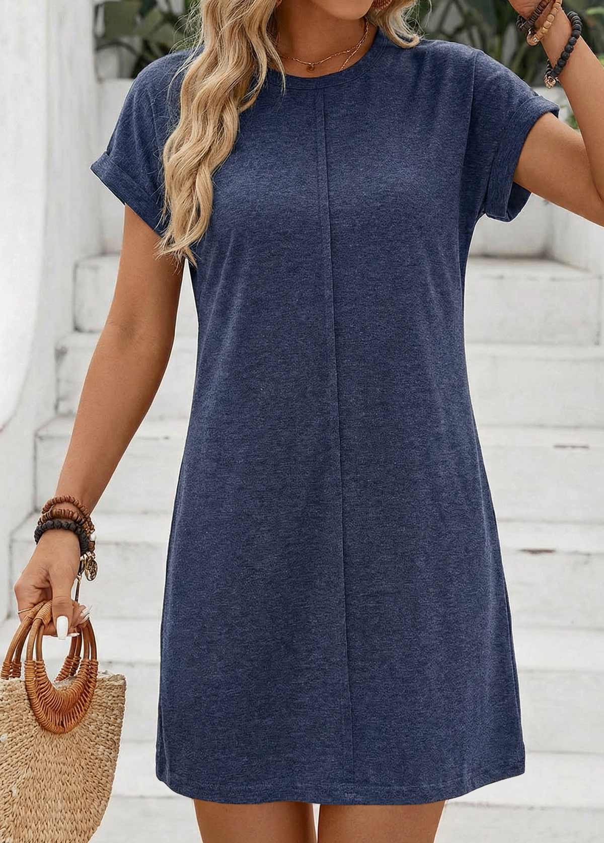 Navy Short Tuck Stitch Round Neck Dress | picture 