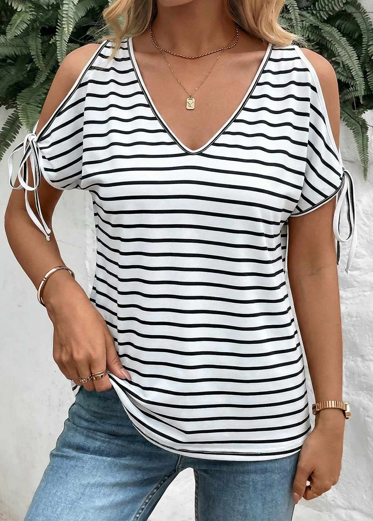 White Striped Tie Short Sleeve V Neck T Shirt | picture 