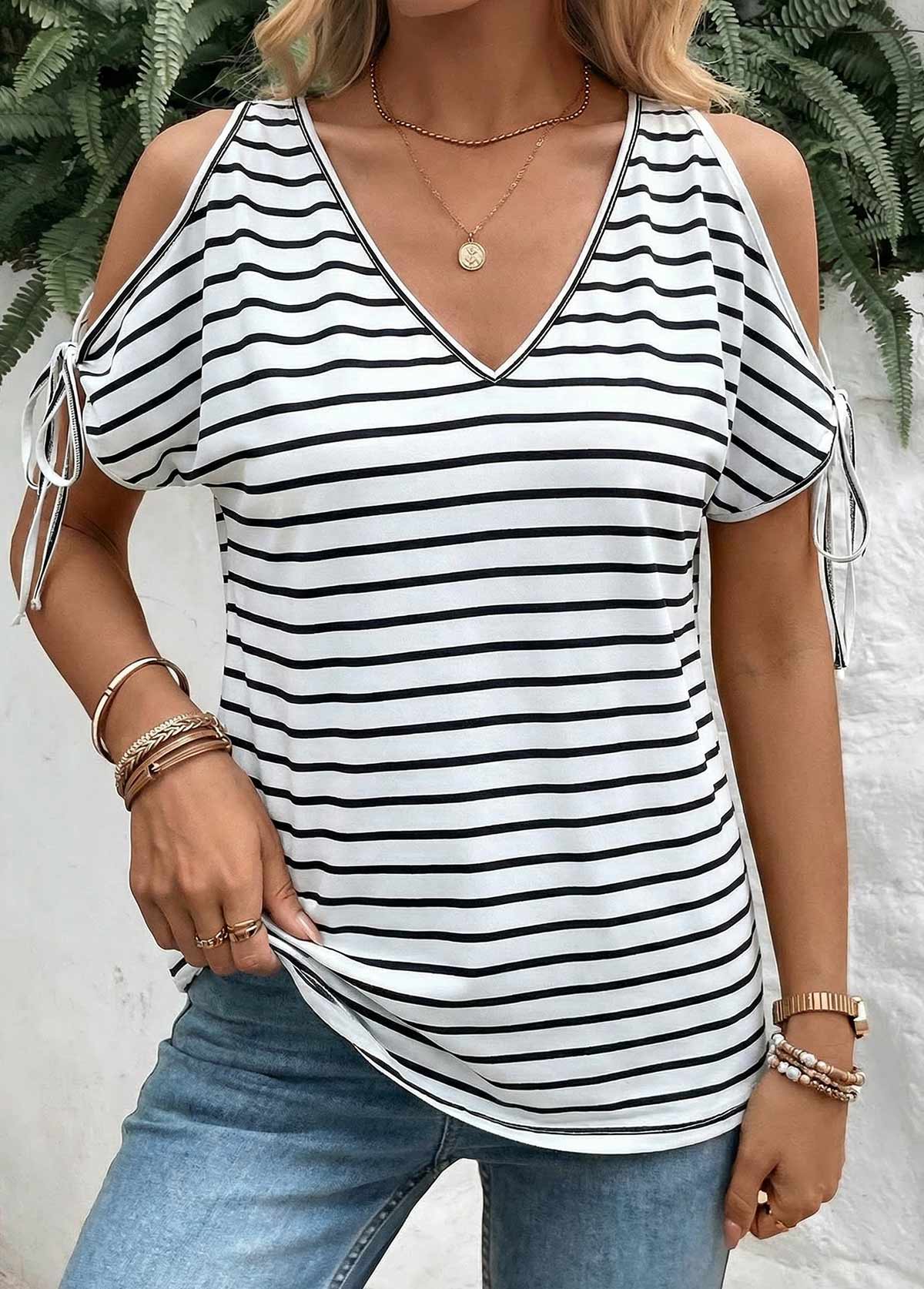 White Striped Tie Short Sleeve V Neck T Shirt | picture 