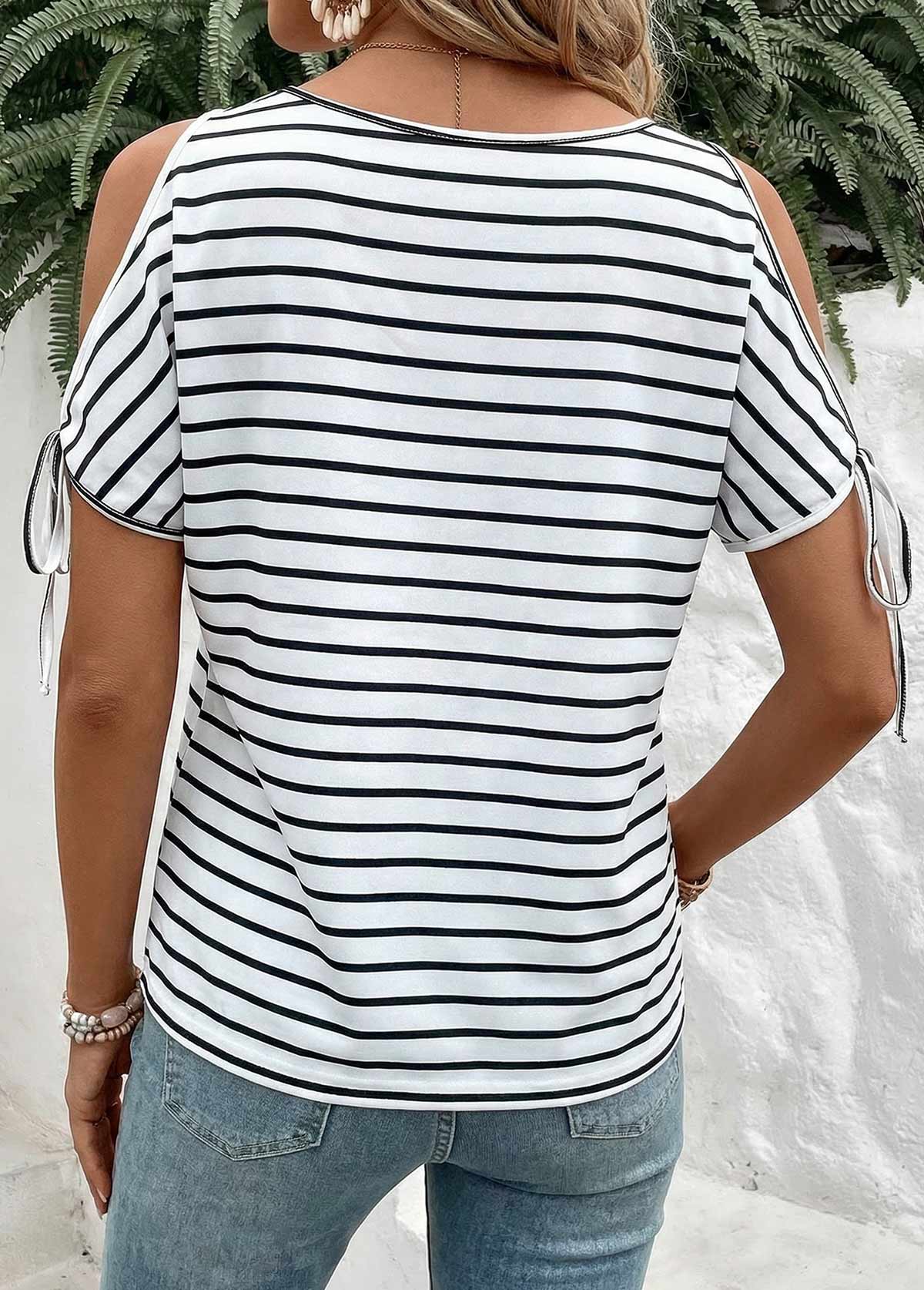 White Striped Tie Short Sleeve V Neck T Shirt | picture 