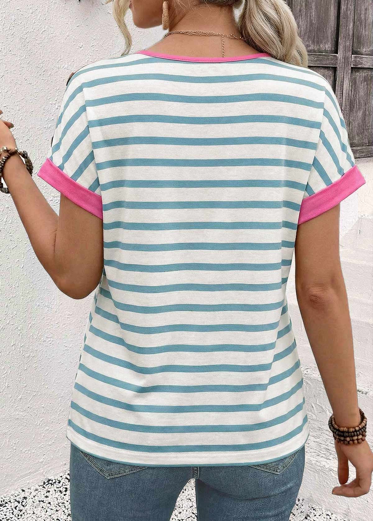 Multi Color Striped Contrast Piping Short Sleeve T Shirt | picture 