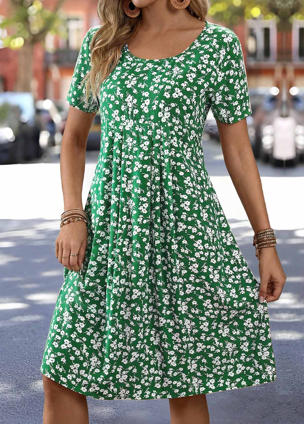 Green Floral Print Tummy Coverage Short Sleeve Dress | picture 