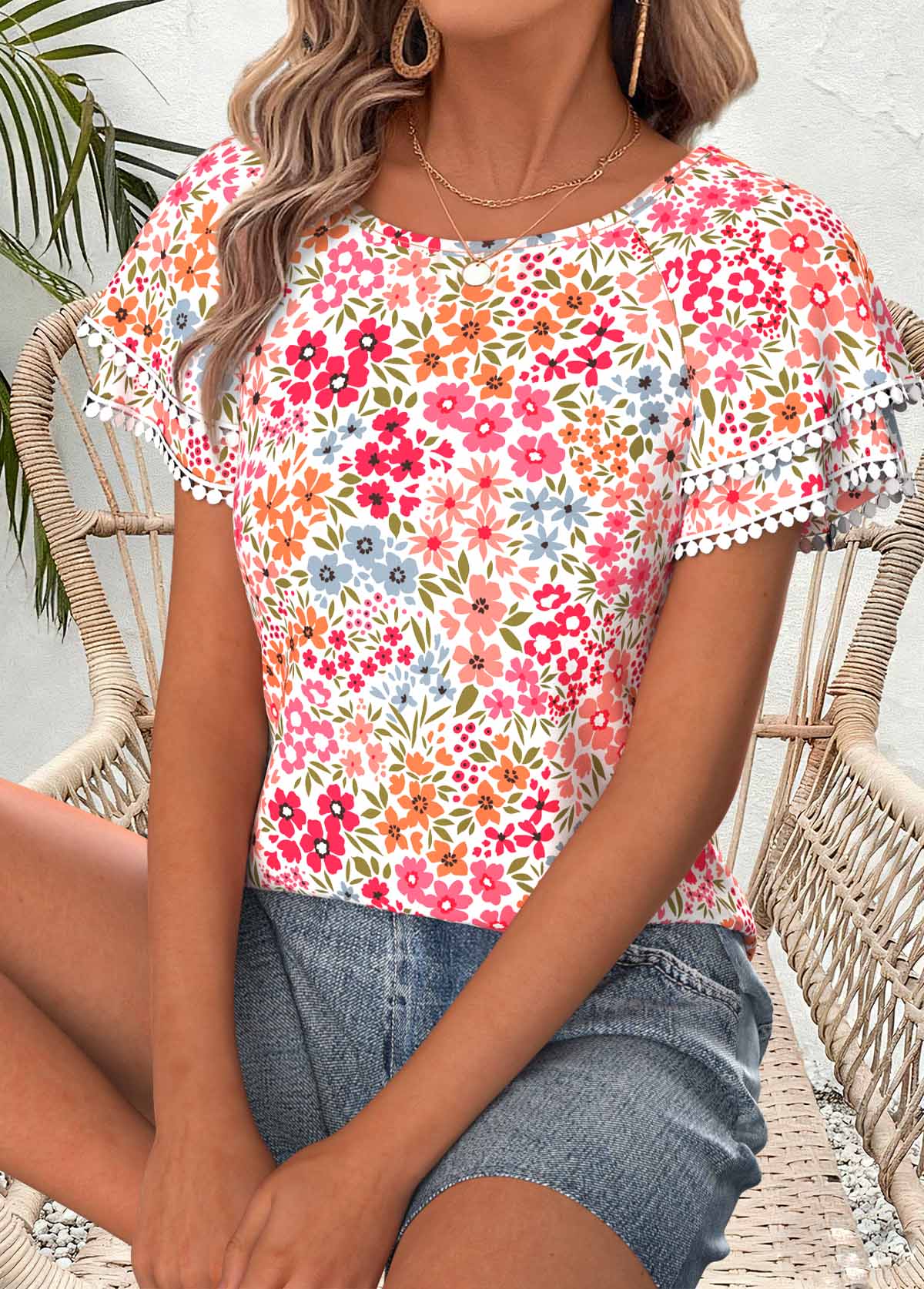 Light Pink Floral Print Ruffle Short Sleeve T Shirt | picture 