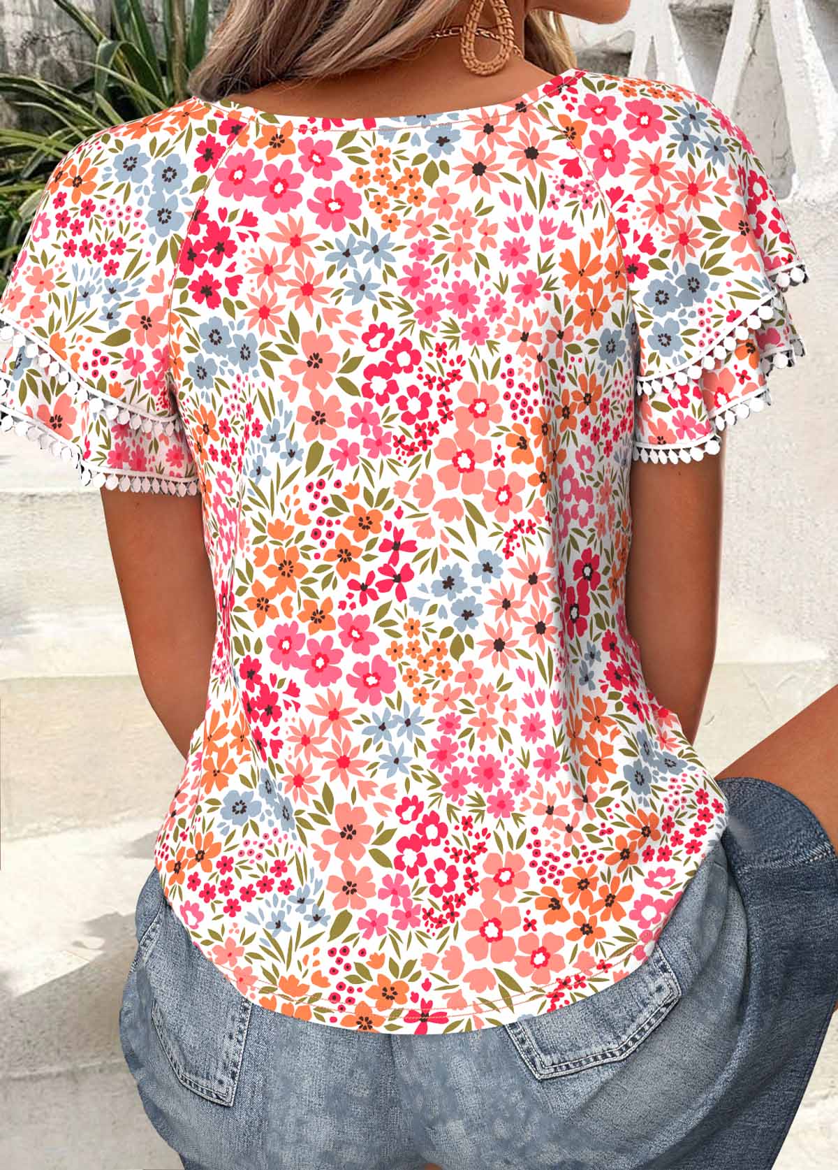 Light Pink Floral Print Ruffle Short Sleeve T Shirt | picture 