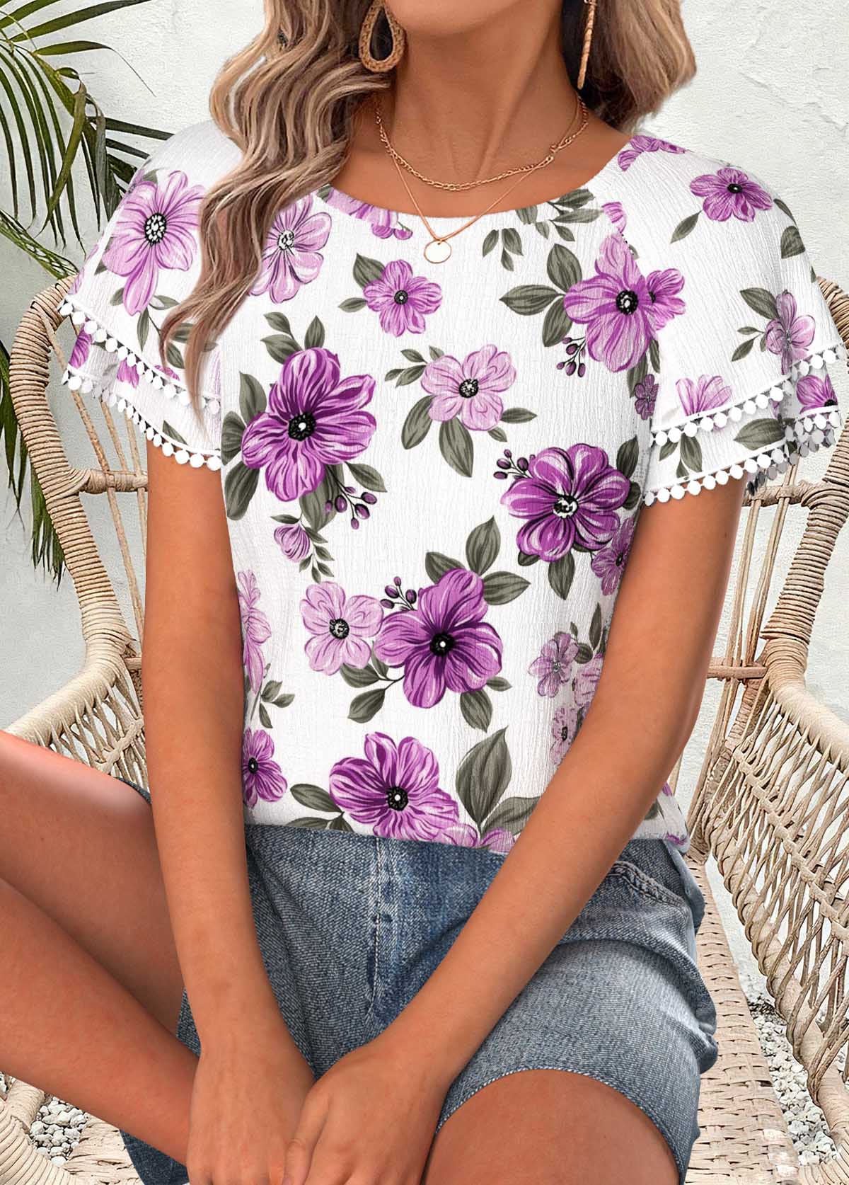 Light Purple Floral Print Ruffle Short Sleeve T Shirt | picture 