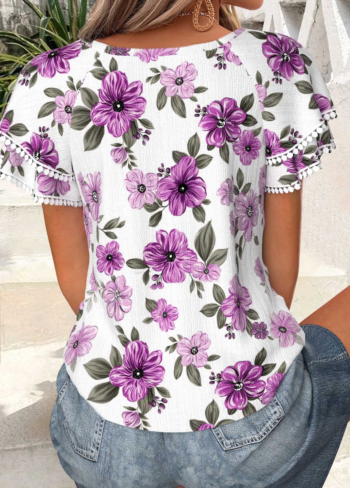 Light Purple Floral Print Ruffle Short Sleeve T Shirt | picture 