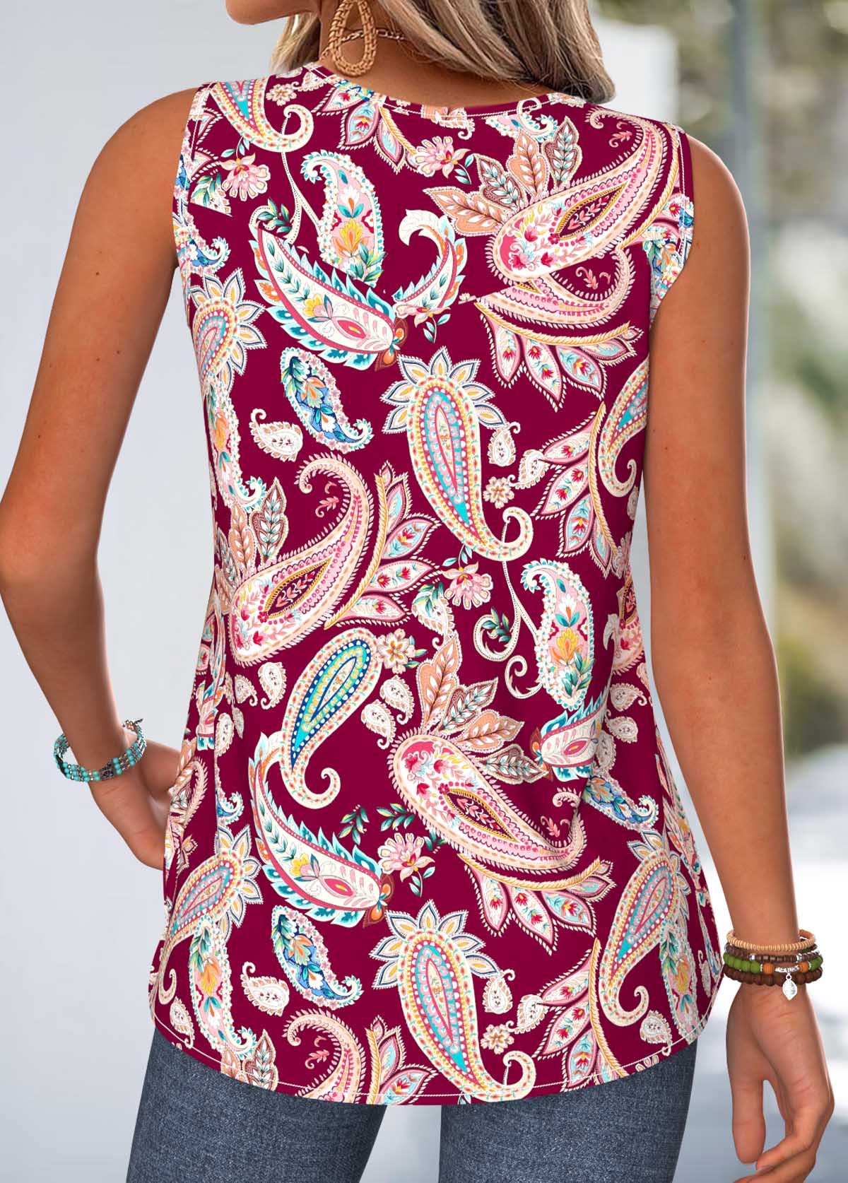 Deep Red Paisley Print Curved Hem Sleeveless Tank Top | picture 