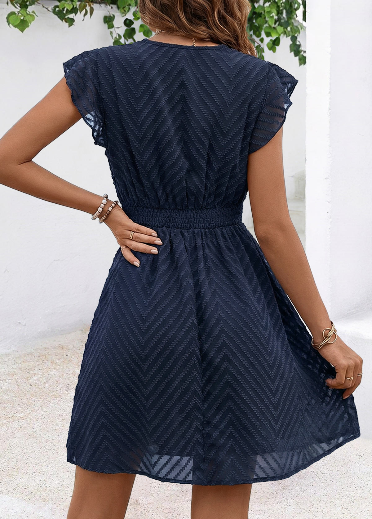 Navy Short Ruffle V Neck Dress | picture 